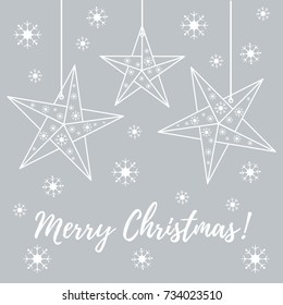Vector illustration with snowflakes and three stars origami folded and hanging on the ropes. Design for banner, flyer, poster or print.