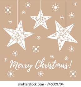 Vector illustration with snowflakes and three stars origami folded and hanging on the ropes. Design for banner, flyer, poster or print.