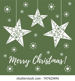 Vector illustration with snowflakes and three stars origami folded and hanging on the ropes. Design for banner, flyer, poster or print.