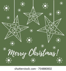Vector illustration with snowflakes and three stars origami folded and hanging on the ropes. Design for banner, flyer, poster or print.