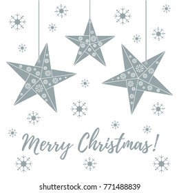 Vector illustration with snowflakes and three stars origami folded and hanging on the ropes. Design for banner, flyer, poster or print.