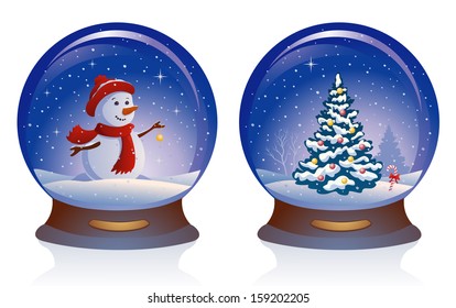 Vector illustration of snowglobes with a cute snow man and a Christmas tree, isolated on white background