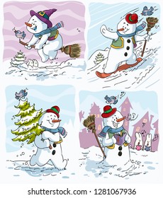 Vector illustration, snowman activities, cartoon concept.