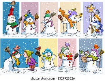 Vector illustration, snowman activities, cartoon concept.