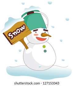 A vector illustration of a snowman with a bucket on it head holding a sign