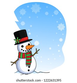 Vector Illustration of a Snowman Card with Falling Snow flakes