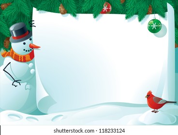 Vector illustration of snowman and cardinal bird with empty blank on horizontal background with christmas fir tree.