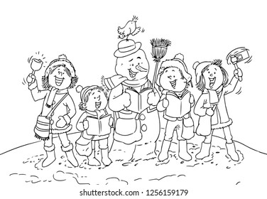 Vector illustration, snowman caroling with kids, coloring drawing, cartoon concept.