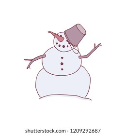Vector illustration of snowman with carrot nose and stick hands wearing bucket hat in sketch style - hand drawn isolated winter snowy smiling decorative element for seasonal and holiday design.