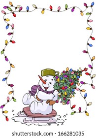 Vector illustration, snowman with Christmas lights, card concept, white background.