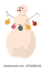 Vector illustration of a snowman with Christmas ornaments.