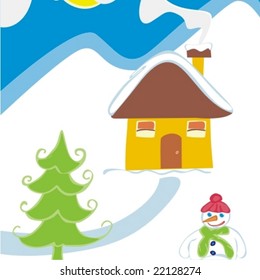 vector illustration of a snowman and a Christmas tree in front of a house with mountains in background