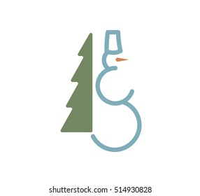 vector illustration of Snowman, Christmas tree, Christmas, decoration, holiday, light background, carrot, bucket, tree, snow, New year, logo, template, gift, sketch