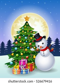 Vector illustration of Snowman with christmas tree and gift boxes at night full moon background