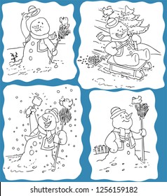 Vector illustration, snowman, coloring drawing, cartoon concept.