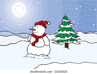 Vector illustration of a Snowman in a field in the daytime. Can be scaled to any size.