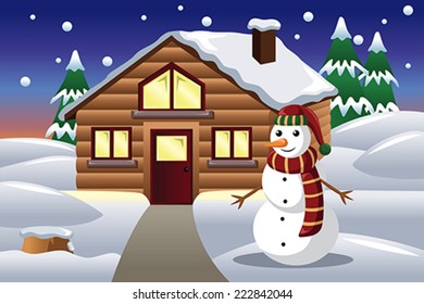 A vector illustration of snowman in front of a house