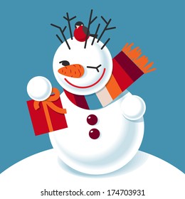 Vector illustration of a snowman with a gift