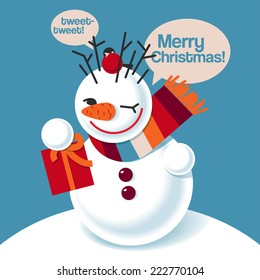 Vector illustration of a snowman with a gift