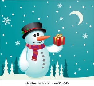 vector illustration of a snowman with a gift