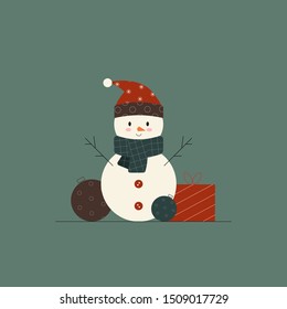 Vector illustration of snowman with gift box and christmas tree balls. Flat design for greeting card or banner.