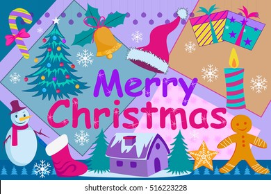 vector illustration of Snowman and gift box with pine tree for Christmas Holiday celebration