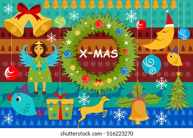 vector illustration of Snowman and gift box with pine tree for Christmas Holiday celebration