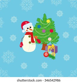 Vector illustration snowman with gift and Christmas tree