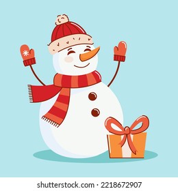 Vector illustration of a snowman with a gift waving his hand in a mitten. The concept of New Year and Christmas