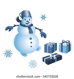 Vector illustration. Snowman with gifts.