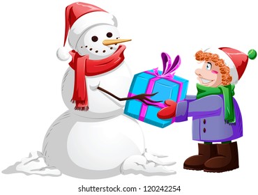 A vector illustration of a snowman giving a present to a child for Christmas.