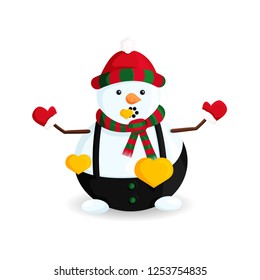 Vector Illustration of Snowman with Golden Hearts in Striped Hat and Scarf. Drawing of Hello Winter. Traditional Winter Character