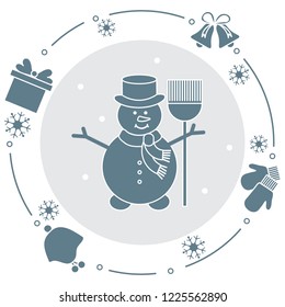 Vector illustration: snowman in hat with broom, gift, rings, mittens, children's hat, snowflakes. Funny cartoon winter illustration. Happy New Year, Merry Christmas elements.