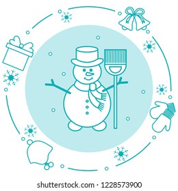 Vector illustration: snowman in hat with broom, gift, rings, mittens, children's hat, snowflakes. Funny cartoon winter illustration. Happy New Year, Merry Christmas elements.
