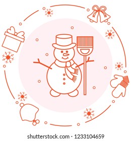Vector illustration: snowman in hat with broom, gift, rings, mittens, children's hat, snowflakes. Funny cartoon winter illustration. Happy New Year, Merry Christmas elements.