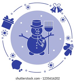 Vector illustration: snowman in hat with broom, gift, rings, mittens, children's hat, snowflakes. Funny cartoon winter illustration. Happy New Year, Merry Christmas elements.