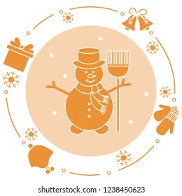 Vector illustration: snowman in hat with broom, gift, rings, mittens, children's hat, snowflakes. Funny cartoon winter illustration. Happy New Year, Merry Christmas elements.