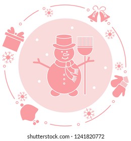 Vector illustration: snowman in hat with broom, gift, rings, mittens, children's hat, snowflakes. Funny cartoon winter illustration. Happy New Year, Merry Christmas elements.