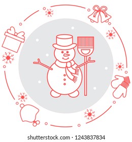 Vector illustration: snowman in hat with broom, gift, rings, mittens, children's hat, snowflakes. Funny cartoon winter illustration. Happy New Year, Merry Christmas elements.