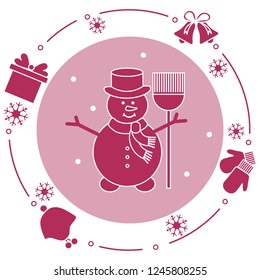 Vector illustration: snowman in hat with broom, gift, rings, mittens, children's hat, snowflakes. Funny cartoon winter illustration. Happy New Year, Merry Christmas elements.