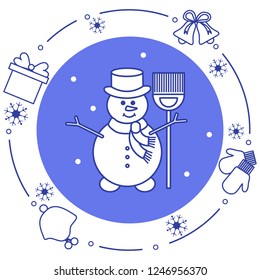 Vector illustration: snowman in hat with broom, gift, rings, mittens, children's hat, snowflakes. Funny cartoon winter illustration. Happy New Year, Merry Christmas elements.