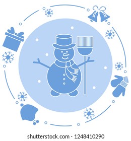 Vector illustration: snowman in hat with broom, gift, rings, mittens, children's hat, snowflakes. Funny cartoon winter illustration. Happy New Year, Merry Christmas elements.