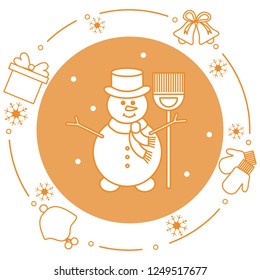 Vector illustration: snowman in hat with broom, gift, rings, mittens, children's hat, snowflakes. Funny cartoon winter illustration. Happy New Year, Merry Christmas elements.