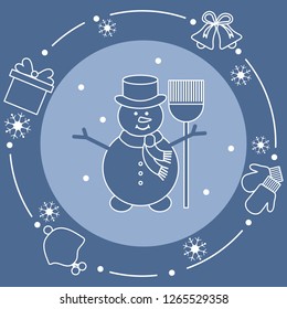 Vector illustration: snowman in hat with broom, gift, rings, mittens, children's hat, snowflakes. Funny cartoon winter illustration. Happy New Year, Merry Christmas elements.