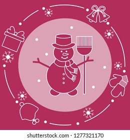 Vector illustration: snowman in hat with broom, gift, rings, mittens, children's hat, snowflakes. Funny cartoon winter illustration. Happy New Year, Merry Christmas elements.