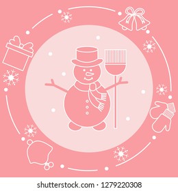 Vector illustration: snowman in hat with broom, gift, rings, mittens, children's hat, snowflakes. Funny cartoon winter illustration. Happy New Year, Merry Christmas elements.