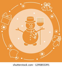 Vector illustration: snowman in hat with broom, gift, rings, mittens, children's hat, snowflakes. Funny cartoon winter illustration. Happy New Year, Merry Christmas elements.