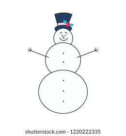 Vector illustration of snowman with hat decorated with holly berries and stick hands in flat style - isolated winter snowy smiling decorative element for seasonal and holiday design.