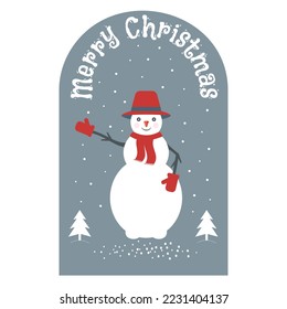 Vector illustration of a snowman in a hat with a decorative frame. Universal artistic template for design, banner, poster, flyer, greeting card, invitation.
