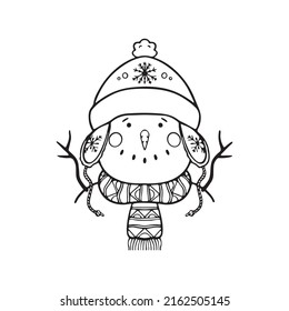 Vector illustration of a snowman in a hat. New Year and Christmas. Portrait of a smiling snowman. Black-white illustration, doodle, outline isolated on white background.